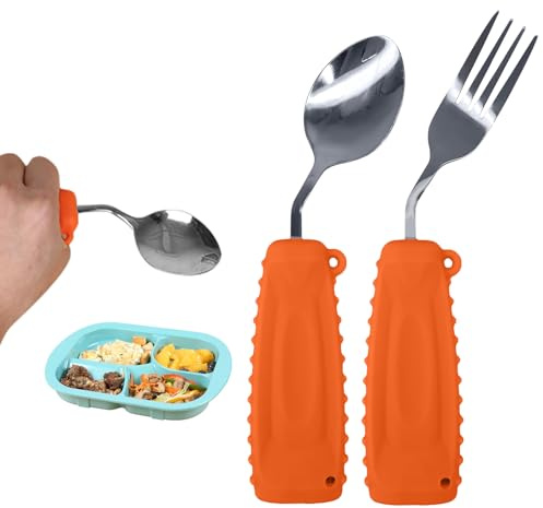 Juego de utensilios adaptativos, cubiertos ponderados para pacientes temblorosos y de Parkinson, utensilios para ancianos, juego de cuchara y tenedor (naranja-izquierda)