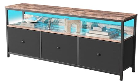 TV Schrank mit LED, Lowboard für Fernseher bis zu 55 Zoll, Fernsehtisch mit 4 Schubladen, 3 offenen Fächern, Sideboard für Wohnzimmer, Schlafzimmer, 137 x 30 x 57 cm, vintagebraun-schwarz