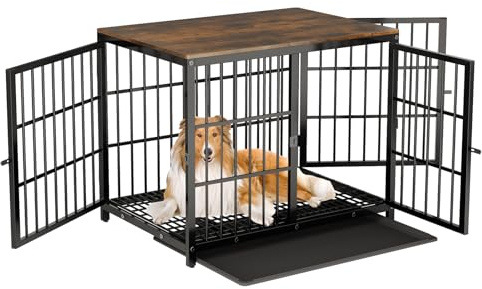 BingoPaw Hundekäfig Möbel: 3 Türen, Modern Indoor für Kleine/Mittlere Hunde Bis 55kg, Beistelltisch, Hundebox für Zuhause L 91.5×63.5×74.5cm, Schwarz