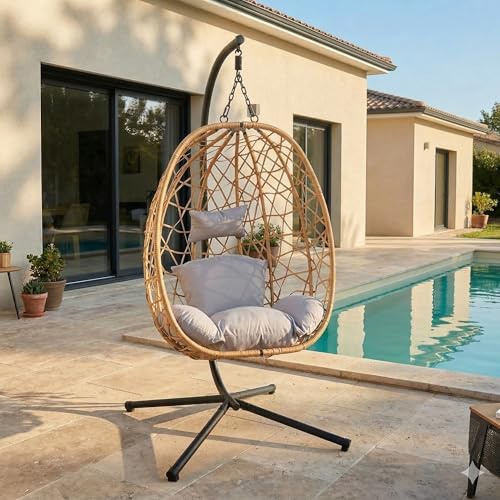 CONCEPT USINE | Fauteuil Suspendu avec Support en Résine Tressée | Design CUZCO Rotin Naturel | Structure Acier Robuste | Coussins Déperlants & Amovibles | Balançoire 1 Place | Intérieur & Extérieur