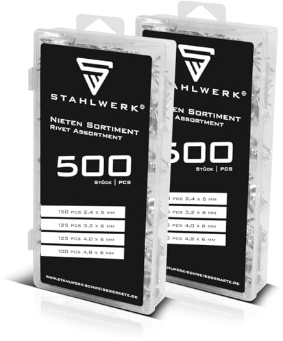 STAHLWERK Nieten-Sortiment 1000-teilig | Blindnieten-Set in Kunststoffbox | Nieten aus Aluminium in 4 verschiedenen Größen | Popnieten zur Verwendung mit Nietzangen
