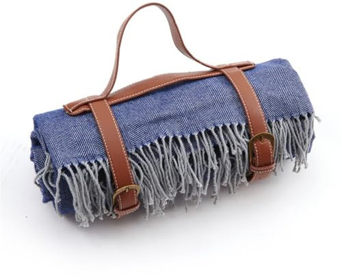 MXMZSRTH Picknickmatte Picknickdecke mit Lederriemen und Quaste, Picknickmatte(Blau)
