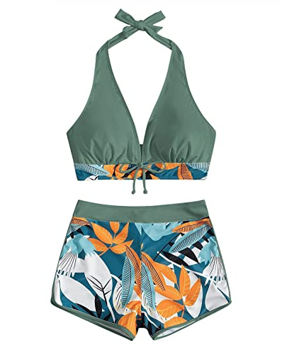 FUPODD Bikini Damen Set Bauch Weg Mit Shorts Badeanzug Damen Bauchweg Push Up Neckholder Zum Binden Swimsuits V Ausschnitt Rückenfrei Bikinis Frauen Patchwork Blumen Bademode Mit Bein High Waist