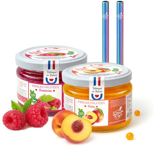 Bubble Tea Maison – Duo Perles Fruitées Pêche & Framboise – Made in France – Vegan – Sans Colorant – 2 Pailles Réutilisables Rainbow - 12 boissons