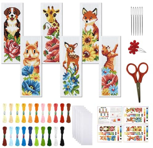 FREEBLOSS 6 Set Kreuzstich Lesezeichen Set Gestempeltes Kreuzstich Für Anfänger Stickset Mit Anleitung Für Erwachsene Hunde Eichhörnchen Giraffe Hirsch Fuchs Katze Blumen 8*2.4