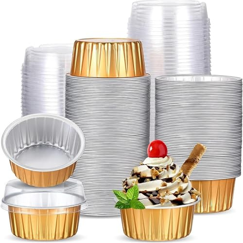 100 Vasco Moldes de Aluminio para Hornear con Tapas - Ramequines 125ml Desechables y Reciclables, Ideal Soufflé, Pudín, Tartas Individuales para Fiestas y Bodas (100)