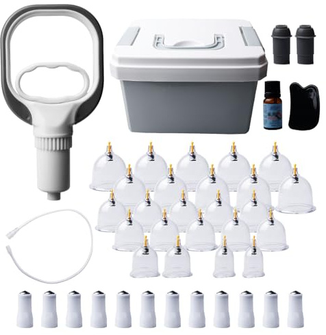 24 Stück Schröpfgläser mit Vakuumpumpe, Schröpfsets für Gesicht und Körper, Schröpfgläser Set, Schröpfglas Schröpfen Cupping Set mit Akupressurpunkt Magneten und Verlängerungsrohr