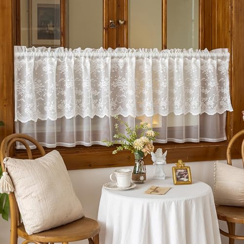 HiSnug Rideau brise-bise blanc - Court - Semi-transparent - Pour fenêtre, cuisine, salon - Dentelle vintage - Double couche - 45 x 100 cm (H x l) - 1 pièce