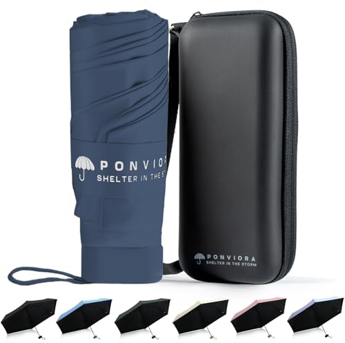 Ponviora UPF 50+ Mini Travel Umbrella for Purse with Case, Small Compact UV Sun & Rain Protection Lightweight Folding Pocket Size for Women Men Kids - Manual Open (BY-Navy Blue)