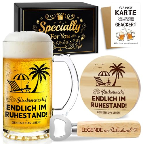 Ruhestand Geschenk Mann Bierkrug 0,5 L mit Gravur und Flaschenöffner | Rentner Geschenk für Männer, Biergläse Personalisierte Geschenke zum Renteneintritt für Papa, Ehemann, Opa, Freund & Kollegen
