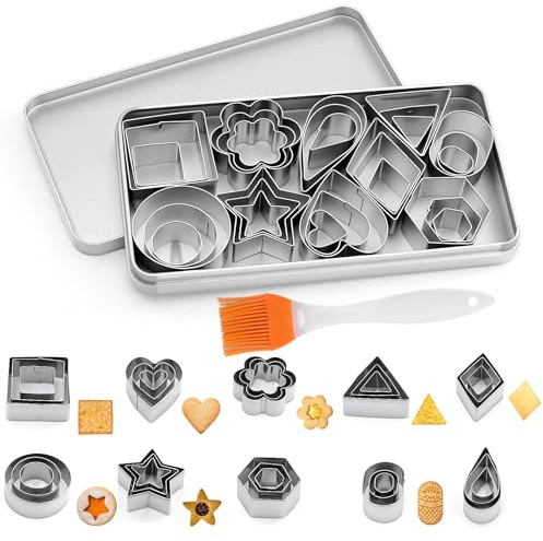Galletas mini cortadores de galletas, 30 piezas de acero inoxidable con 1 pequeño pincel de aceite, 10 moldes de metal para galletas, juego de cortadores geométricos, herramientas de bricolaje para