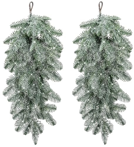 2PCS Artificial Norfolk Pine Christmas Teardrop Swag, 71.12cm White Frosted Snow Flocked Door Wreath, Faux Douglas Fir Branch Decoration for Mantle, Staircase, (2PCS)