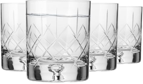 Krosno – Vasos para whisky, bourbon y escocés de 250 ml – Juego de 4 piezas – Colección Saga – Cristal tallado – Hechos a mano – Ideal como regalo