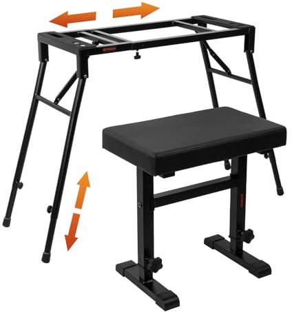 STRICH Klavierständer & Keyboardbank Set klappbar, höhenverstellbarer Keyboardständer für 54–88 Tasten E-Piano, stabile Klavierbank gepolstert, Keyboard Ständer Set tragbar, Schwarz SKT-01 & SPB-M60