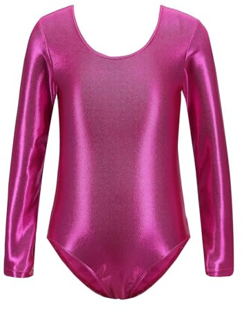Generisch Maillot de gimnasia de manga larga para niñas, traje de danza brillante, traje de ballet clásico de yoga, Rosa intenso., 3-4 años