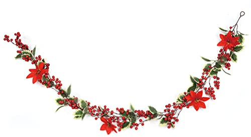 Sxhlseller Weihnachts-Stechpalmen-Beeren-Girlande, Realistische Rote Beeren, Grüne Blätter, Perfekte Festliche Dekoration für Drinnen und Draußen, Größe: 195 cm