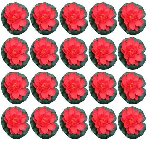 MoSundi Lot de 20 nénuphars artificiels rouges pour bassin de jardin et aquarium, 10 cm de diamètre, mousse EVA