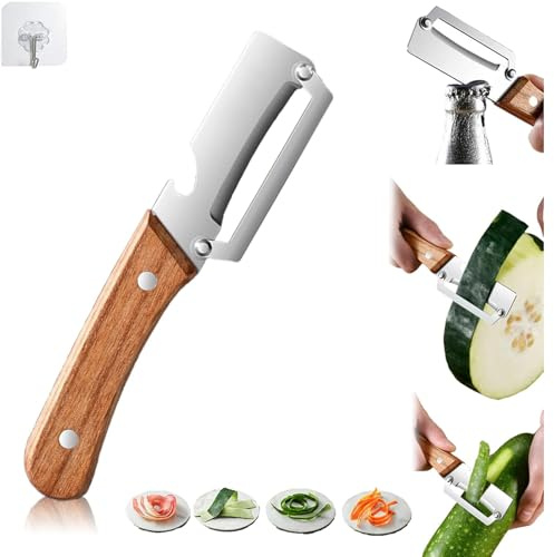 Pelador multifuncional de verduras para cocina, acero inoxidable ultra afilado, para verduras, frutas, zanahorias, naranjas y patatas, con mango ergonómico de madera y abridor de botellas (plateado y