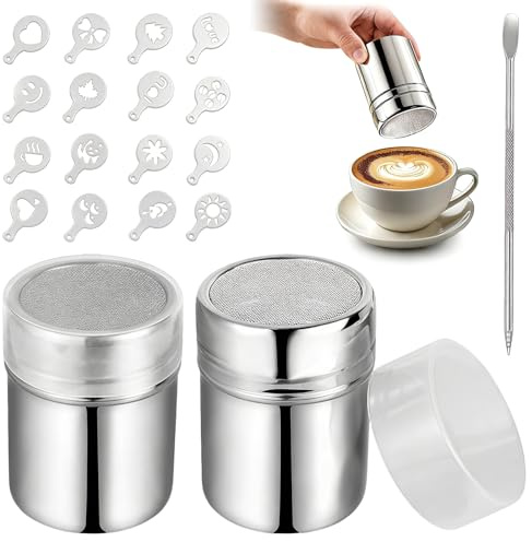 2 Stück Puderzuckerstreuer, Kakaostreuer für Cappuccino Edelstahl Mehlstreuer mit Deckel - 16 Stück Druckform - Latte Art Stift, Vielseitiges Kaffeezubehör für Zucker Kakao Zimt Salz