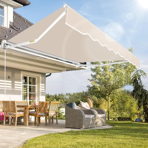 Eikuavons Gelenkarmmarkise Markise, 350x250cm Sonnenmarkise Einziehbare Markise mit Handkurbel, Winkel einstellbar bis 30 Grad, Sonnenschutz Wasserschutz, inkl. Wandhalterung, Beige