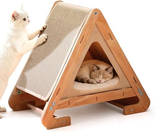 2-in-1 Katzenhaus mit Kratzbrett, Holz katzenzelt & Sisal Kratzhaus, Haustierzelte Häuser für Katzen, Katzenhöhle für Zwei Kat-Zen, Katzen rückzugsort, Hundehütte Indoor, 52 * 37 * 60cm