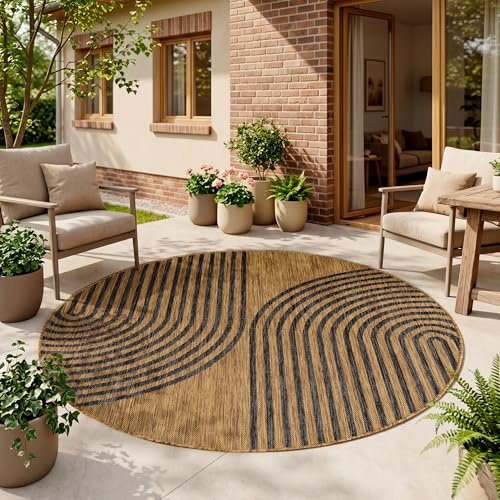 HomebyHome Outdoor Teppich Schwarz Natur Jute Optik Rund 200 cm Balkon Terrasse Garten Wetterfest UV-beständig Groß XL Boho Design Flachgewebe Pflegeleicht Robust Modern