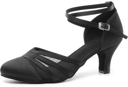 YKXLM Scarpe da Ballo Latino Americano Donna Punta Chiusa Raso Pratica Professionali Salsa Sala da Ballo Scarpe,Tacco 6 cm,Nero,EU 37.5