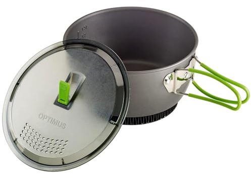 Pentola Optimus Terra Xpress HE da 1,75 l da campeggio leggera con rivestimento antiaderente, manici a farfalla e coperchio colino | Pentola da esterno per trekking, bushcraft e bivacco.