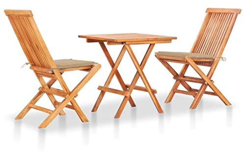 vidaXL Teak Massiv Bistroset 3-TLG. mit Beigen Kissen Klappbar Gartenset Balkonset Gartenmöbel Balkonmöbel Sitzgruppe Klapptisch Klappstuhl