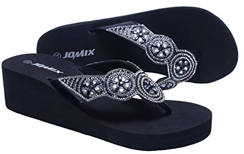 JOMIX Sandalen Damen Glitzer Strass Sandaletten mit Strass Plateau Sommer Frauen Schuhe Keilsandalen Elegant (Schwarz SD2565, 39 EU, SD2565)