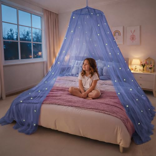 Bollepo Blue Canopy Bed, Blue Bed Canopy with Glow in The Dark Stars for Girls, Boys, Kids and Babies, Net Use to Cover The Baby, Kid, Girls Or Full Size Bed, Fire Retardant Fabric