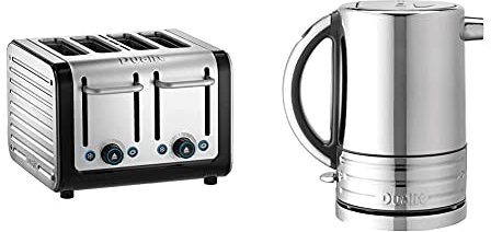 Dualit 46505 4-Slot Toaster, 2250 W, Stainless Steel with Black Finish & 72926 Architect Kettle | 1.5 L 2.3 KW Stainless Steel Kettle With Grey Trim | Rapid Boil and Patented Pure Pour Non-Drip Spout