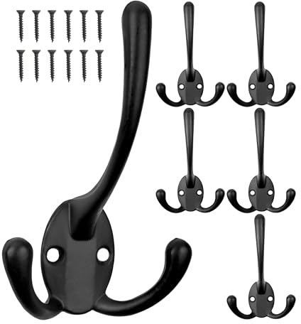 Haken zum Schrauben, 6 Stück, in Schwarz, Außen 113 x 67 x 27 mm, Dreierhaken inkl. Holzschrauben, Garderobenhaken für Tür, Bad, Küche, Flur, DIY Metallhaken, Jackenhaken, Schwanenhals Schraubhaken