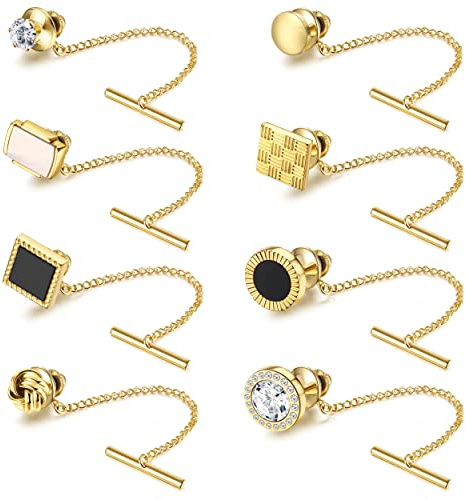 THUNARAZ 8 Pcs Tie Tacks for Men Tie Pins for Regular Ties Necktie 14K Gold Plated Mens Tie Tacks with Chain for Wedding Business Anniversary