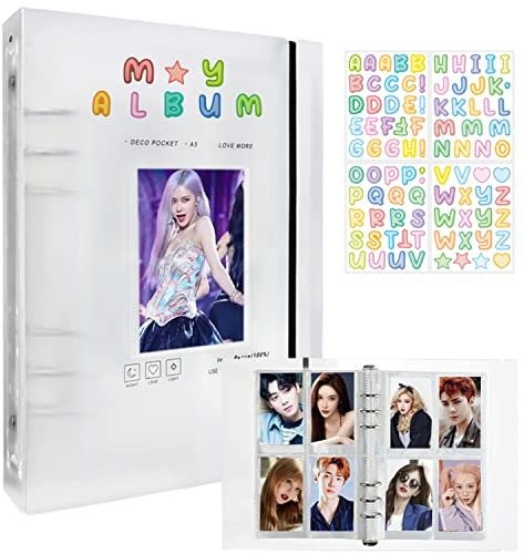 Classeur de cartes photo A5 Kpop - 200 pochettes - Rechargeable - A5 à 6 anneaux - Album de cartes photo Kpop - Album de cartes photo transparent avec autocollant à lettres