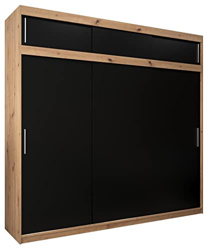 MEBLE KRYSPOL Tokyo 250 Kleiderschrank mit DREI Schiebetüren für Schlafzimmer – moderner Aufbewahrungsschrank mit Kleiderstange und Regalen – 250x240x62cm - Artisan + Mattschwarz mit Verlängerung