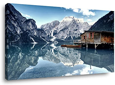 Visario Leinwandbild Bergsee 80x60 cm 4018 Natur Landschaft Wandbild auf Leinwand Bergpanorama See Wanddekoration fertig aufgespannt auf Holzrahmen modern Wohnzimmer Schlafzimmer Büro Kunstdruck Deko