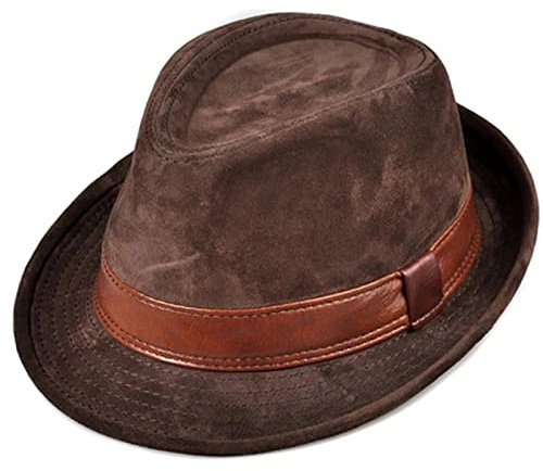 WORNEW Herren Lederhut Herren-Leder-Fleece, gefrostet, braun, Fedora, Herren- und Damen-Gentleman-Cap, Jazz-Hut Hüte für Männer (Color : Brown, Size : 60 cm)