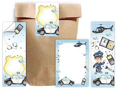Minkocards 8 Lesezeichen + 8 Notizblöcke + 8 Geschenktüten (Natur) + 8 Aufkleber Polizei Detektiv Mitgebselset Gastgeschenke für Kindergeburtstag Jungsgeburtstag