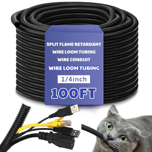 Kanayu Split Wire Loom Tubing Flame Retardant Wire Covering High Temperature Cable Sleeves Split Protector Cable Conduit for Industrial Electrical Automotive Marine(1/4''-100 ft,Black)