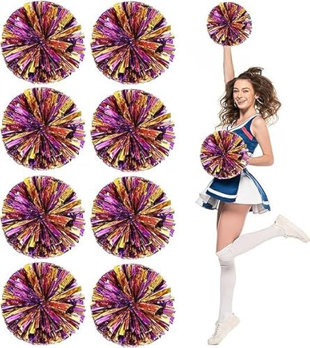 SHANJIA Metallische Cheerleading Pom Poms, 4Pcs Cheer Pom Pom Pom, Cheerleader Cheer Pom Poms mit Schlagstock Griff, Cheering Squad Hand Blume (25cn, Lila+Gold)