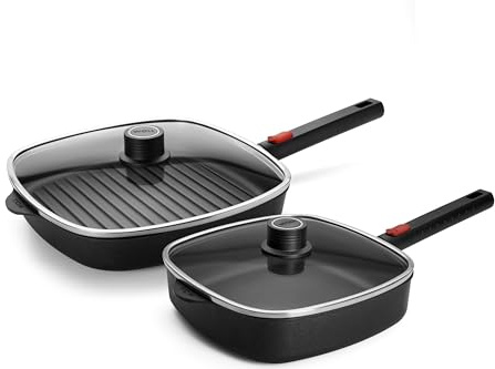 WOLL – Logic XR Set: Viereckpfanne 24×24 cm mit Glasdeckel + rechteckige Grillpfanne 27 cm mit Rillen – Aluminiumguss, Antihaft, induktionsgeeignet & backofenfest – für alle Herdarten