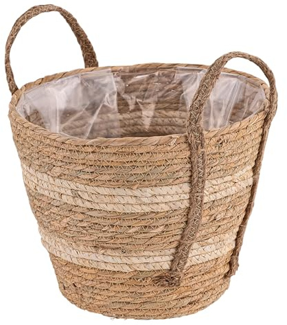 DEMA Pflanzkorb Seasons, Natur Seegras Pflanzgefäß, Blumenkorb, 30 cm, Folie, Tragegriffe