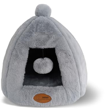 PATAM Cuccia-Casetta per Cani e Gatti, Antiscivolo in Morbido Tessuto Peluche, Lavabile, Design a Tenda con Pallina Gioco, 43x43x43 cm – Igloo Grigio