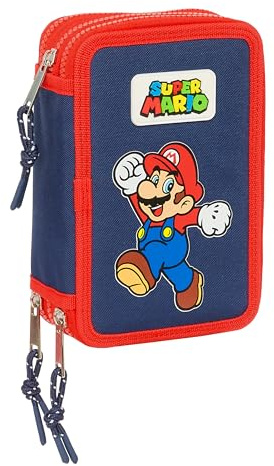 Super Mario World Schulmäppchen mit 36 Utensilien, Kindermäppchen, ideal für Kinder von 5 bis 14 Jahren, bequem und vielseitig, 12,5 x 5,5 x 19,5 cm, Marineblau