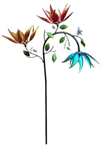 Molinillos de viento de flores para exteriores, escultura de viento de metal para exteriores, coloridos molinillos de viento de jardín, decoraciones modernas de viento al aire libre, adornos de viento