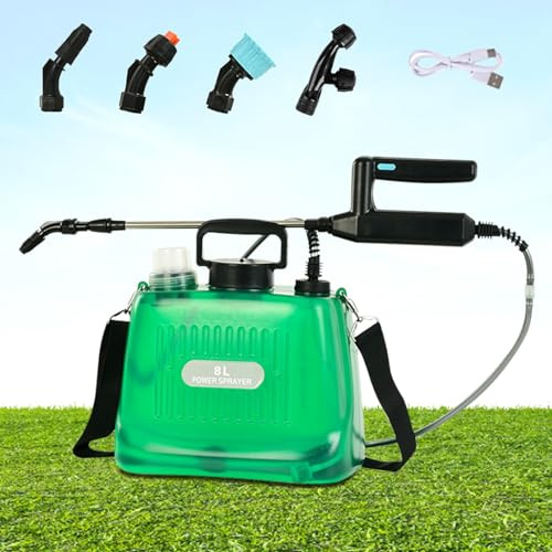 Drucksprüher, Elektrischer Gartensprüher 8L für Garten und Pflanzen | Gartenspritze mit 4 Düsen und 5 Sprühmodi, Teleskopstange, USBAufladung Griff, Transparenter Wassertank und Schultergurt