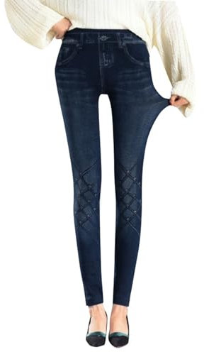 Jeans Leggings Damen Stretch Frauen Winter Samt Imitation Denim Bleistift Hosen Hohe Taille Vielseitige Abnehmen 80% Baumwolle Strumpfhosen Hohe Elastische Leggings Lässige Hosen (Black, One Size)