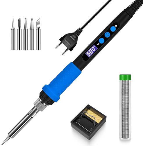 Lötkolben-Set mit LCD-Anzeige, 100W LED-Display einstellbare Temperatur, Lötkolben mit automatischem Schlafmodus, Lötpistole mit 5 Lötspitzen, Lötzinn, Ständer, Schweißwerkzeug Blau