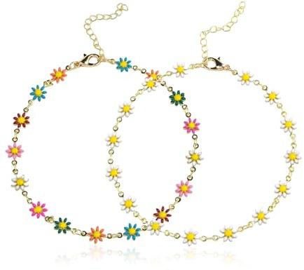 EHDWXVZM 2 petits bracelets de cheville marguerite, bijoux de pied floraux et bohèmes, bracelets de cheville réglables